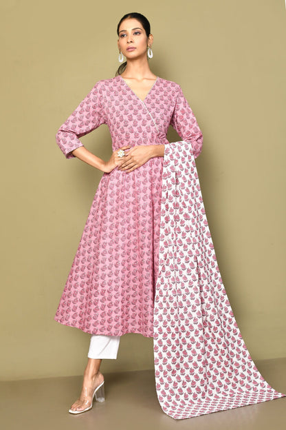 Women's Cotton Floral Print Anarkali Kurta With Dupatta