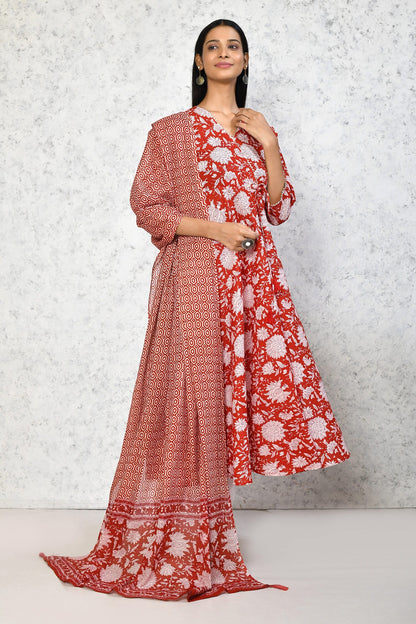 Women's Cotton Floral Printed Anarkali Kurta With Dupatta