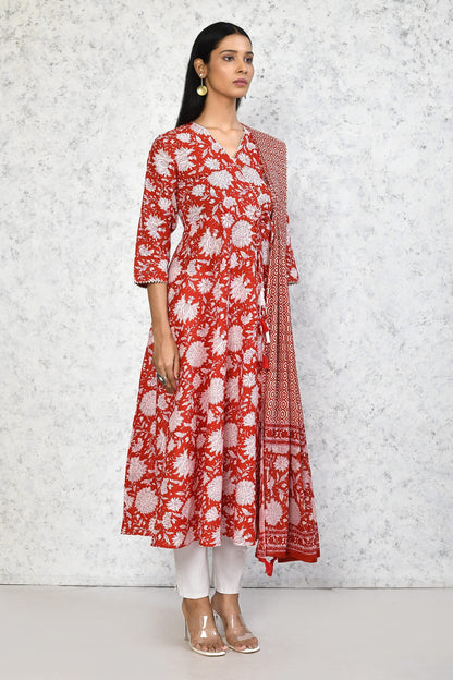 Women's Cotton Floral Printed Anarkali Kurta With Dupatta