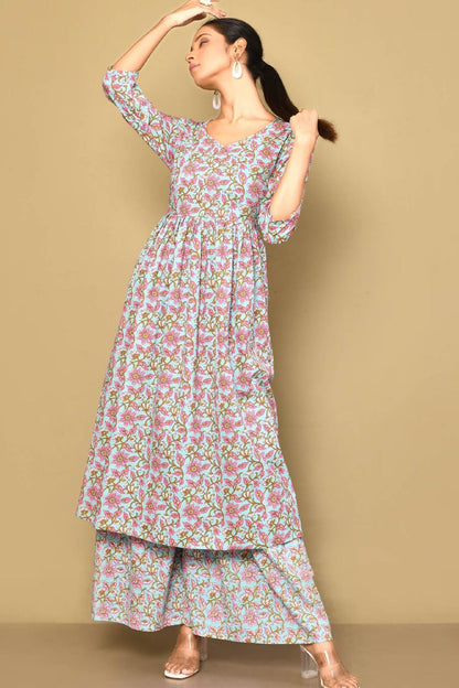 Women's Cotton Floral Print Blue Anarkali Kurta And Sharara Set