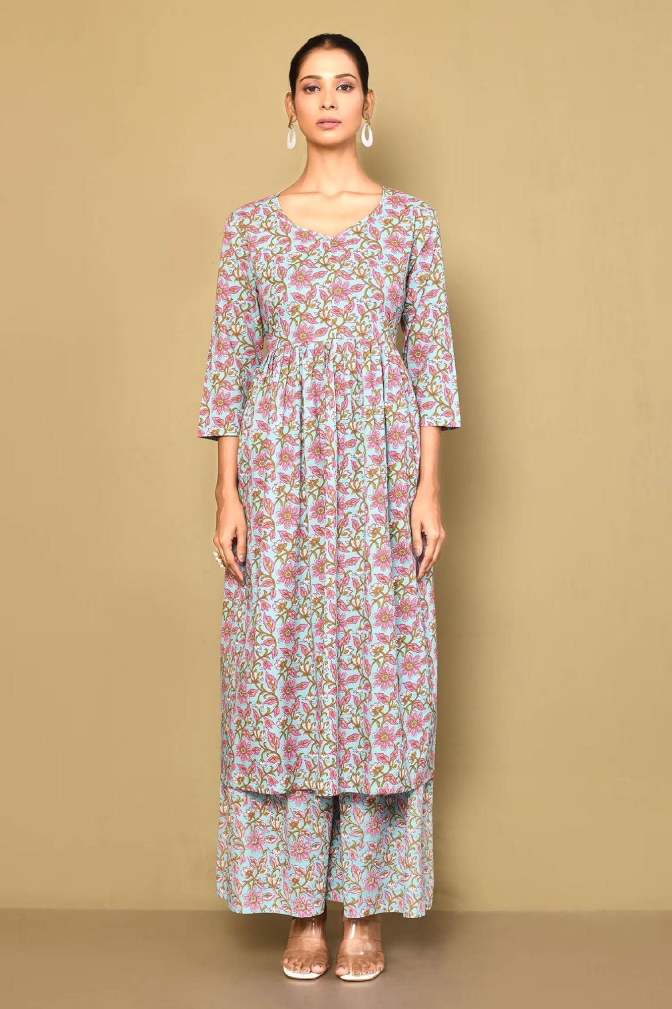 Women's Cotton Floral Print Blue Anarkali Kurta And Sharara Set