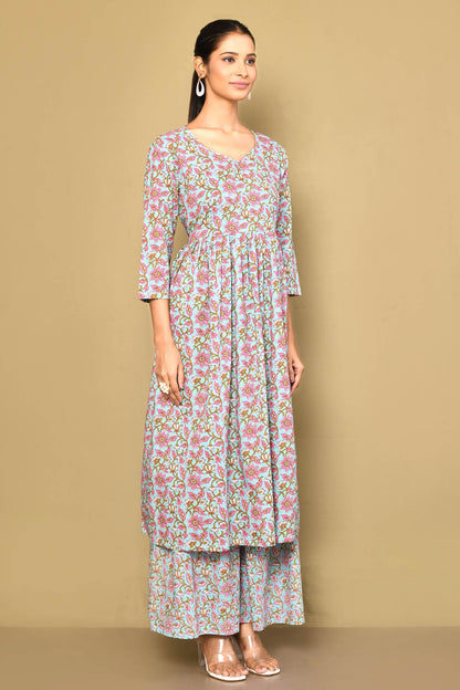 Women's Cotton Floral Print Blue Anarkali Kurta And Sharara Set