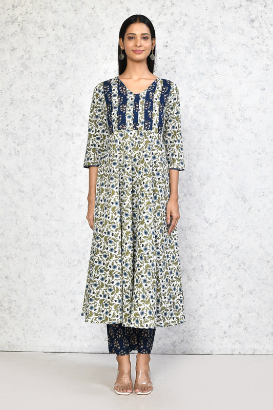 Women's Floral Printed Anarkali Pure Cotton Kurta With Palazzo Set