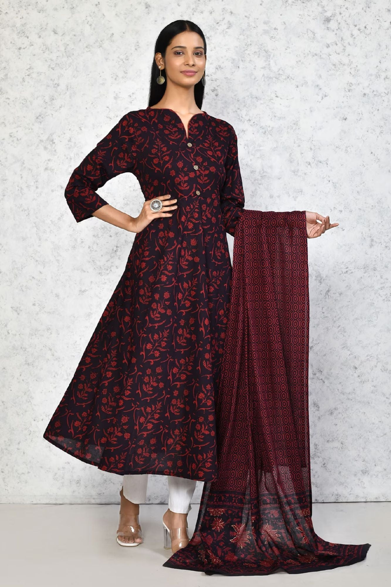 Women's Cotton Floral Print Maroon Anarkali Kurta With Dupatta