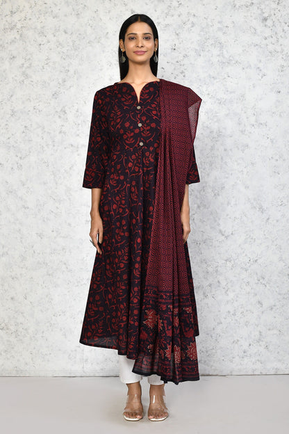 Women's Cotton Floral Print Maroon Anarkali Kurta With Dupatta