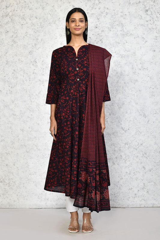 Women's Cotton Floral Print Maroon Anarkali Kurta With Dupatta