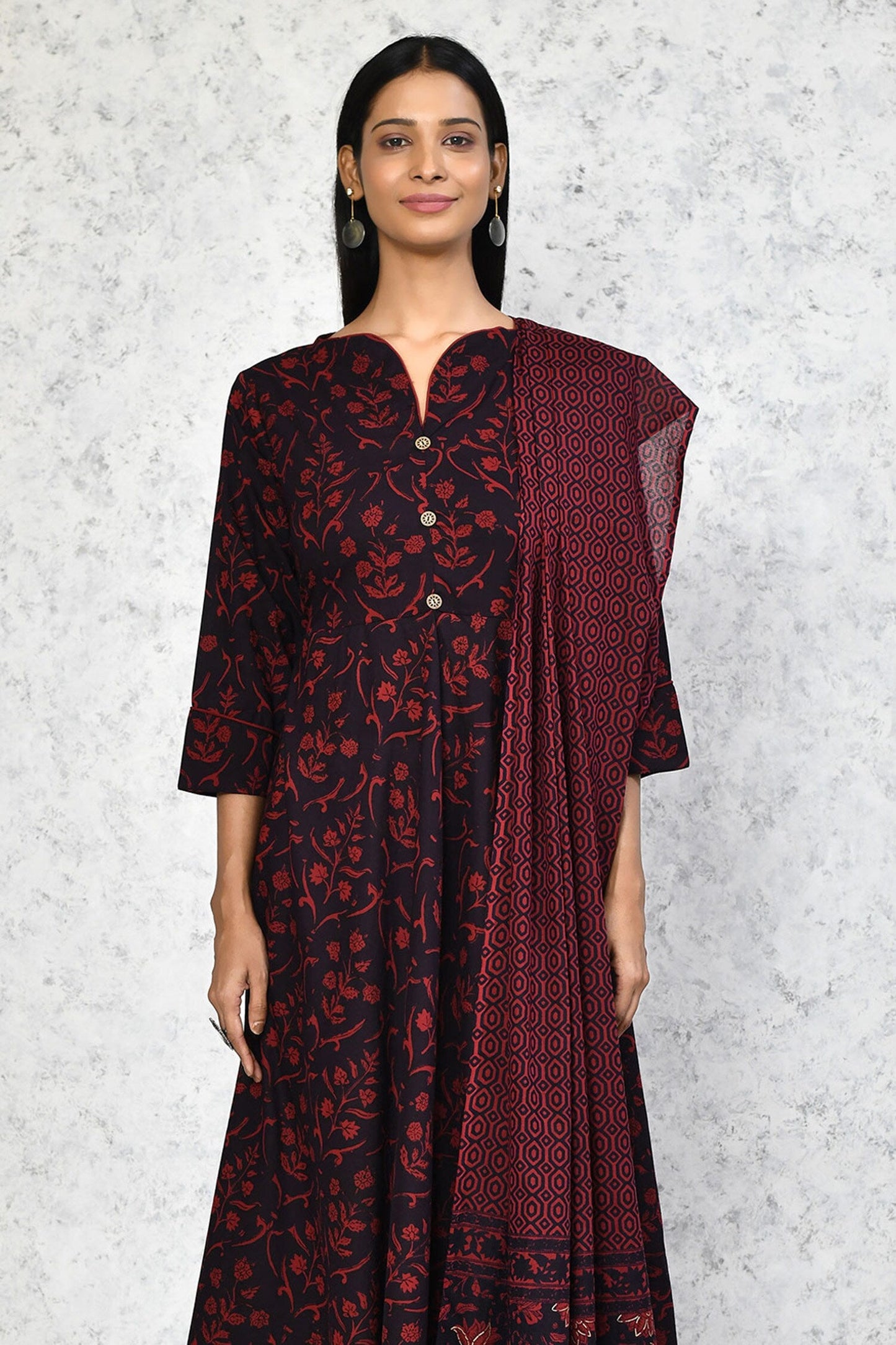 Women's Cotton Floral Print Maroon Anarkali Kurta With Dupatta