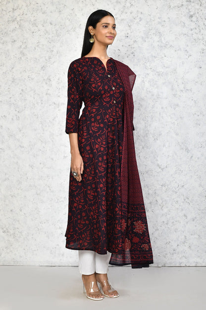 Women's Cotton Floral Print Maroon Anarkali Kurta With Dupatta