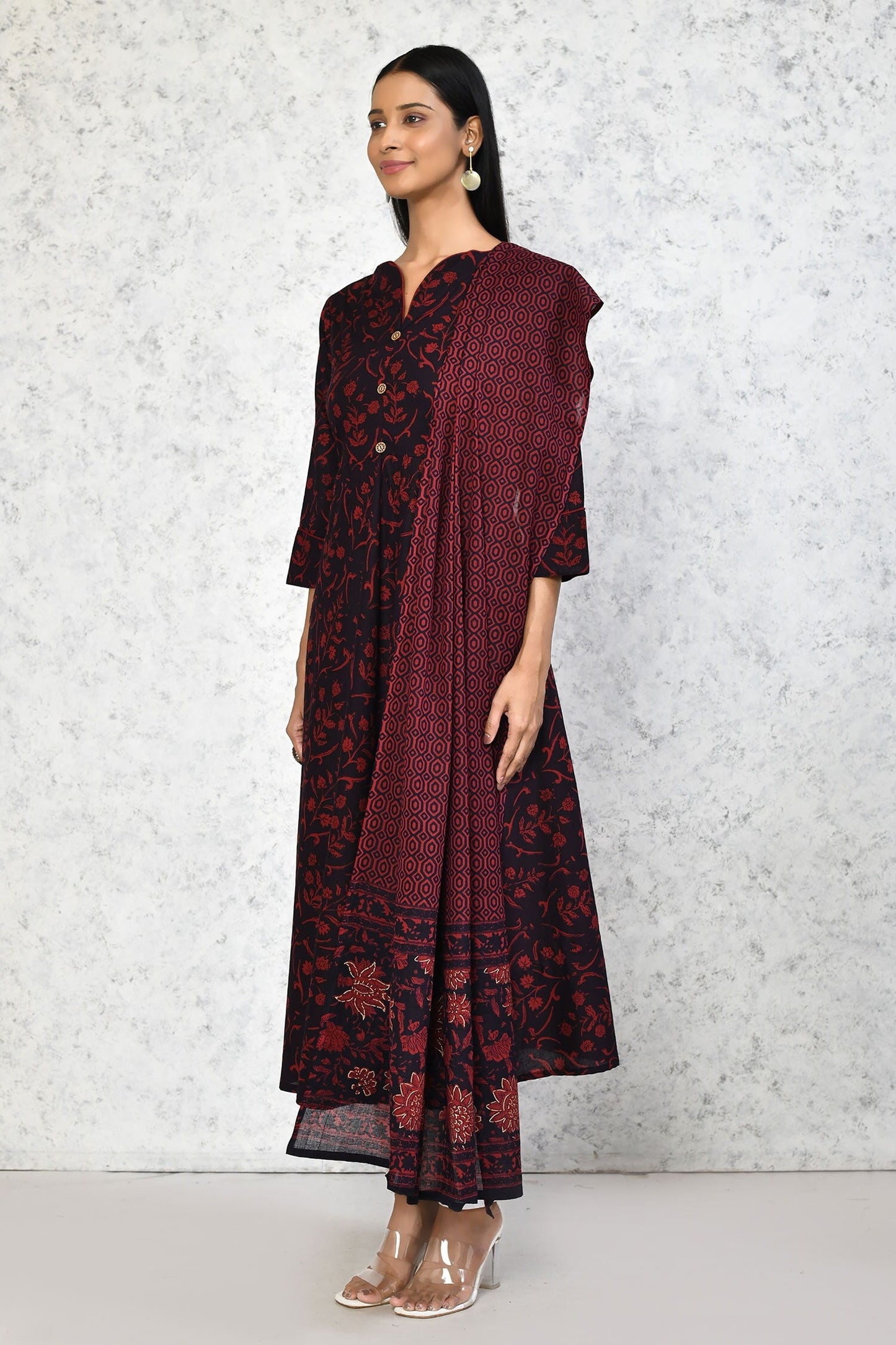 Women's Cotton Floral Print Maroon Anarkali Kurta With Dupatta