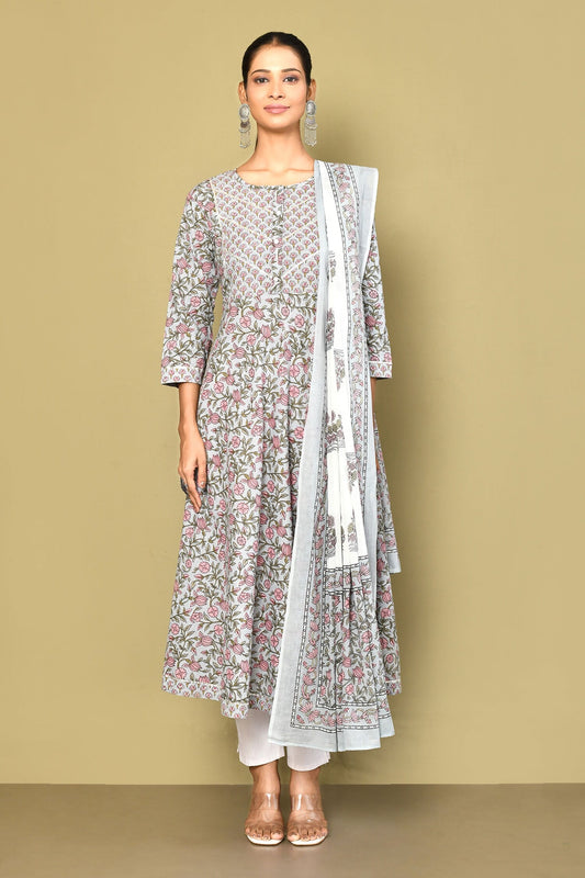 Women's Blue Printed With Gota Patti Work Anarkali Kurta With Dupatta