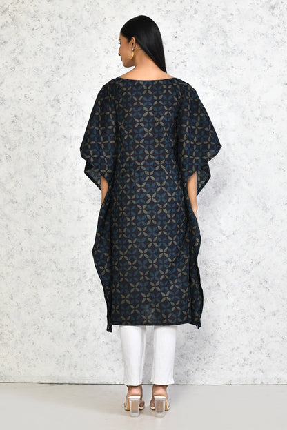 Women's Navy Blue Printed Flared Sleeves Kaftan