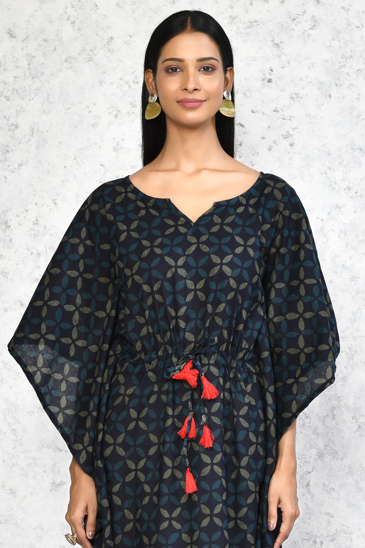 Women's Navy Blue Printed Flared Sleeves Kaftan