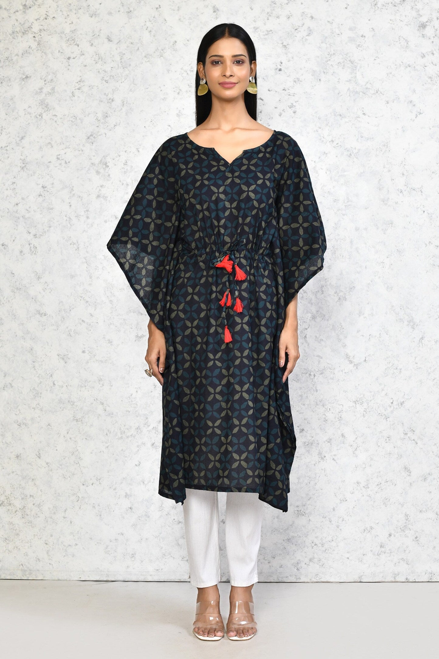 Women's Navy Blue Printed Flared Sleeves Kaftan