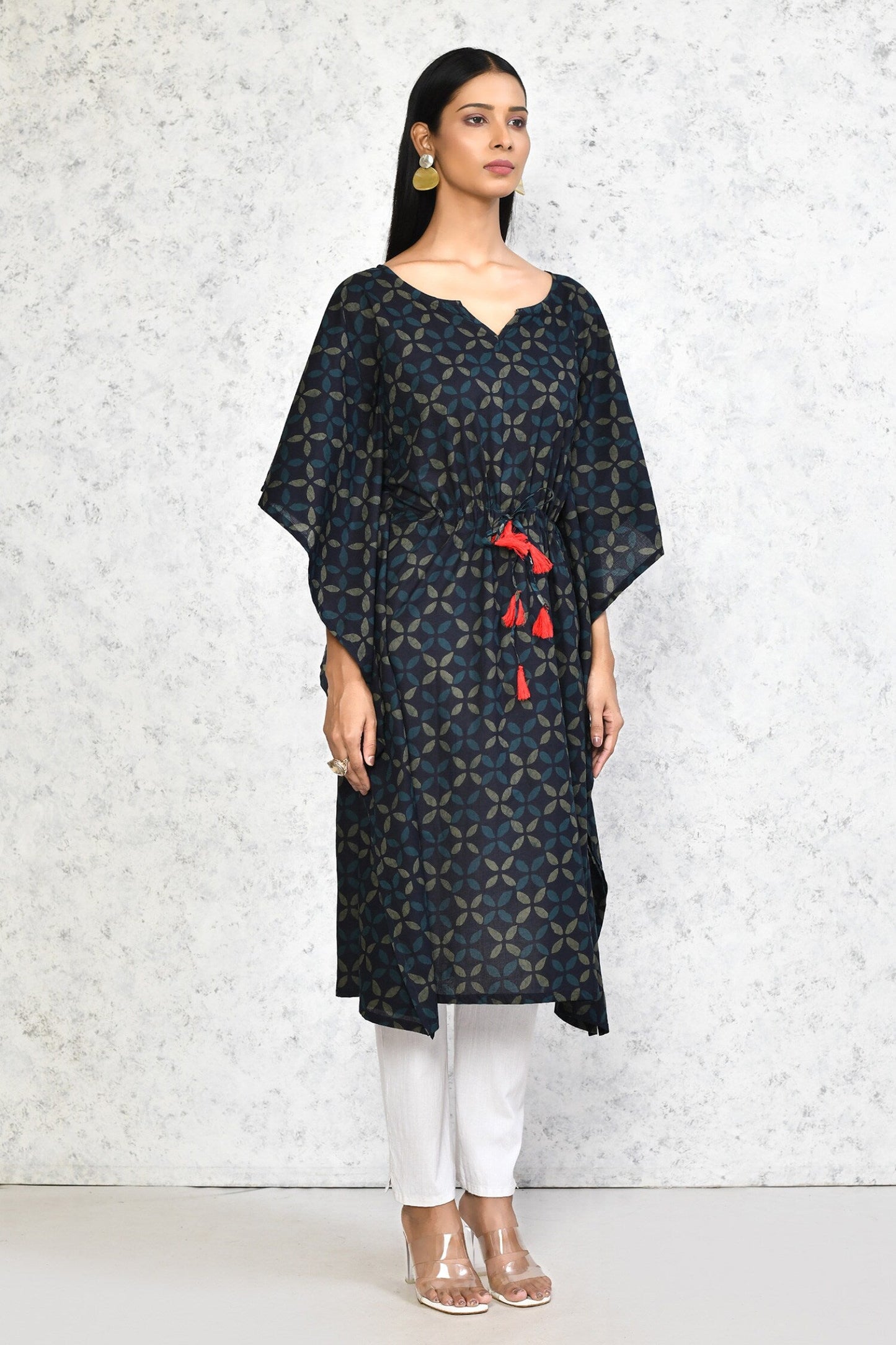 Women's Navy Blue Printed Flared Sleeves Kaftan