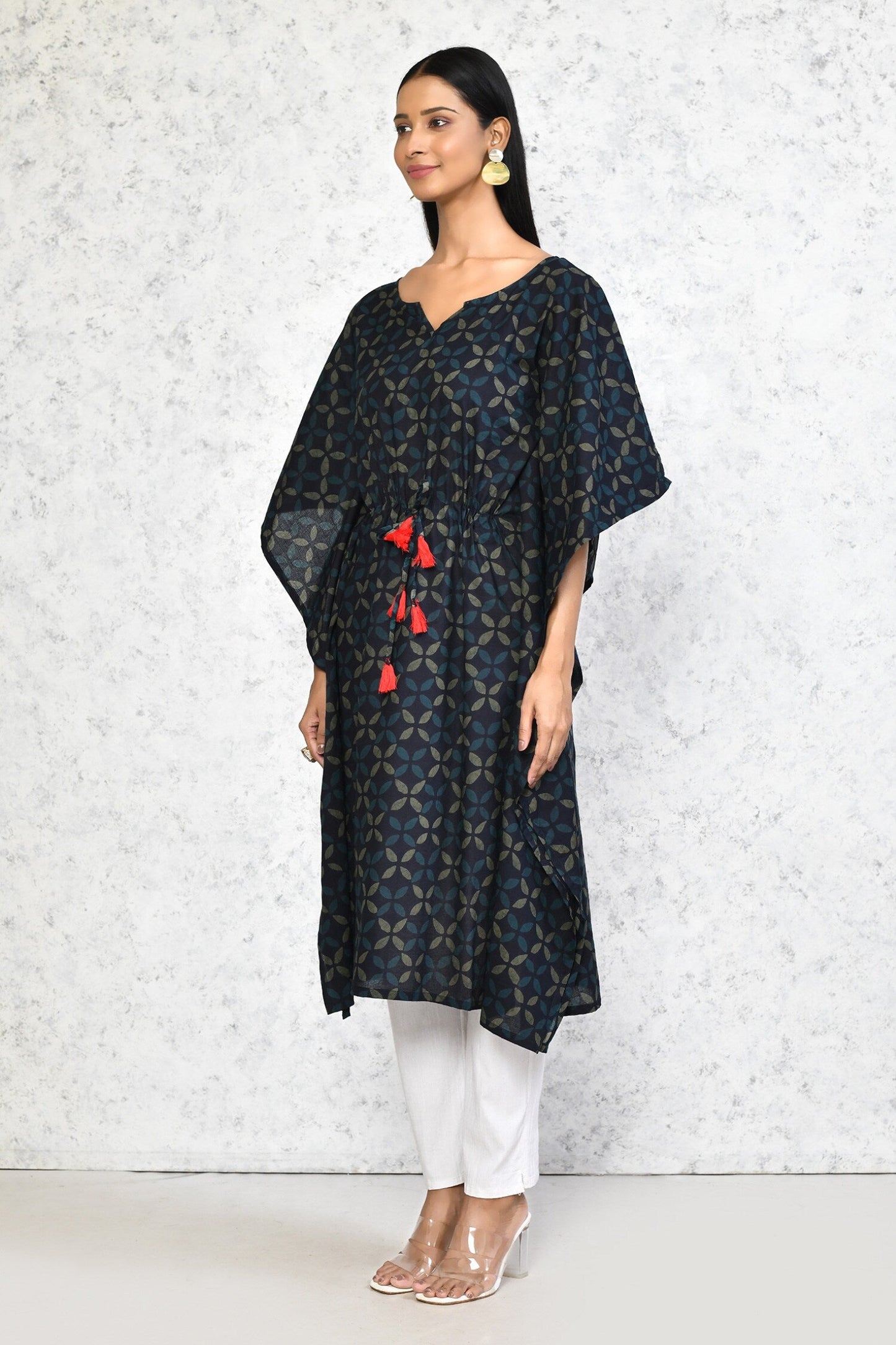 Women's Navy Blue Printed Flared Sleeves Kaftan