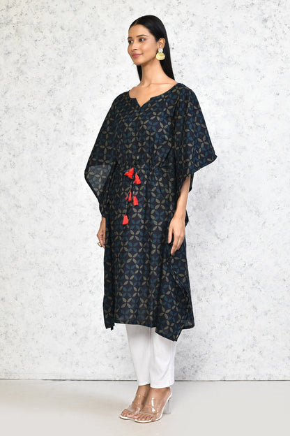 Women's Navy Blue Printed Flared Sleeves Kaftan