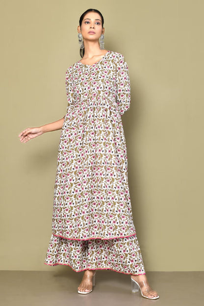 Women's Cotton Floral Print Anarkali Kurta And Sharara Set