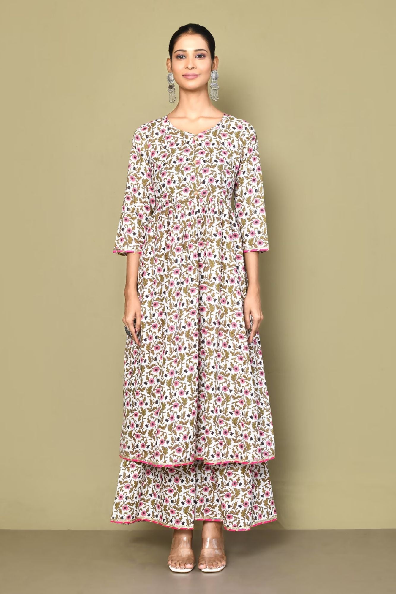 Women's Cotton Floral Print Anarkali Kurta And Sharara Set