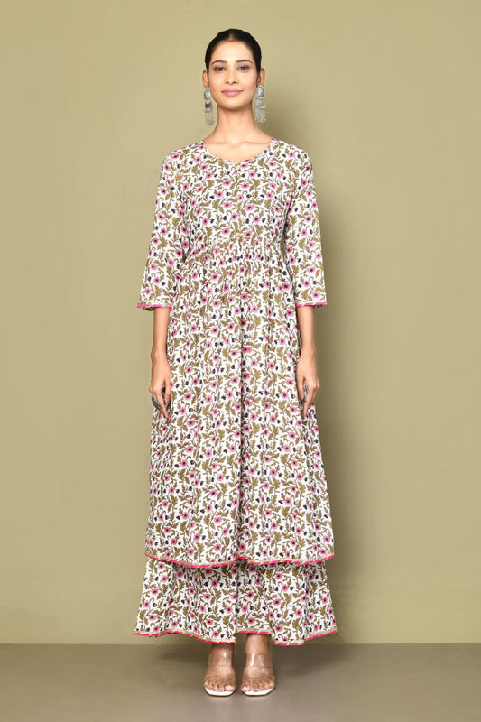 Women's Cotton Floral Print Anarkali Kurta And Sharara Set