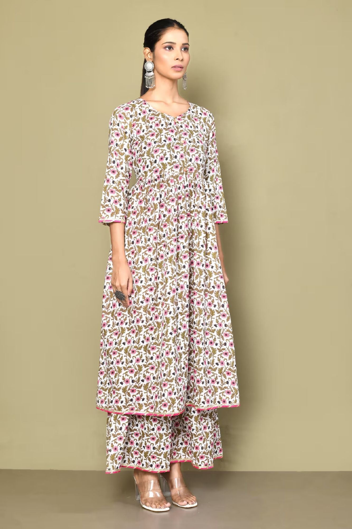 Women's Cotton Floral Print Anarkali Kurta And Sharara Set