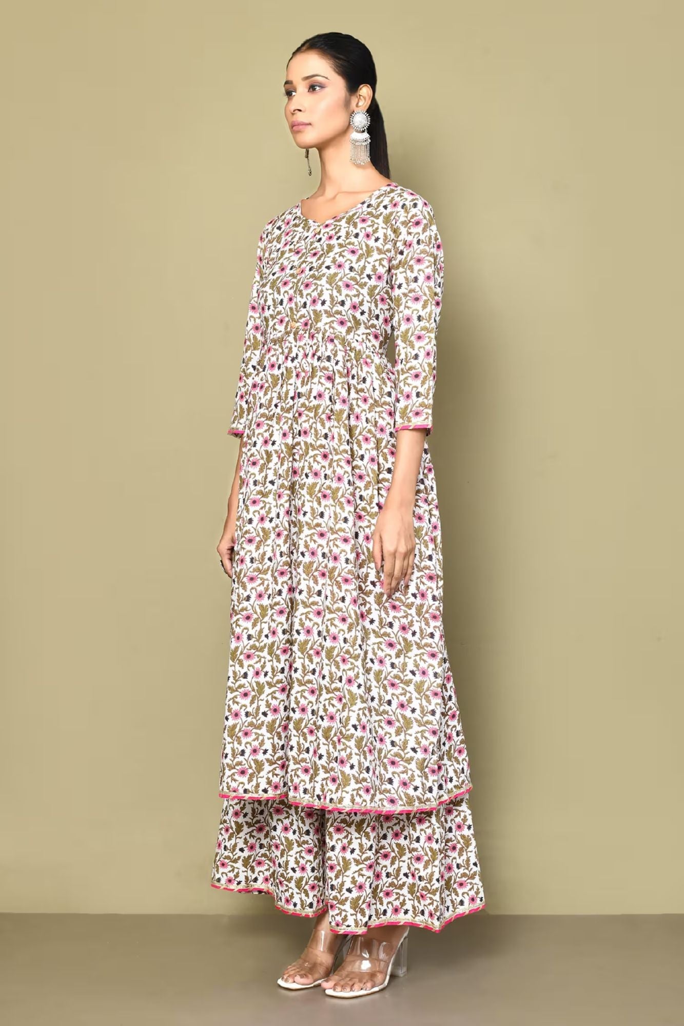 Women's Cotton Floral Print Anarkali Kurta And Sharara Set