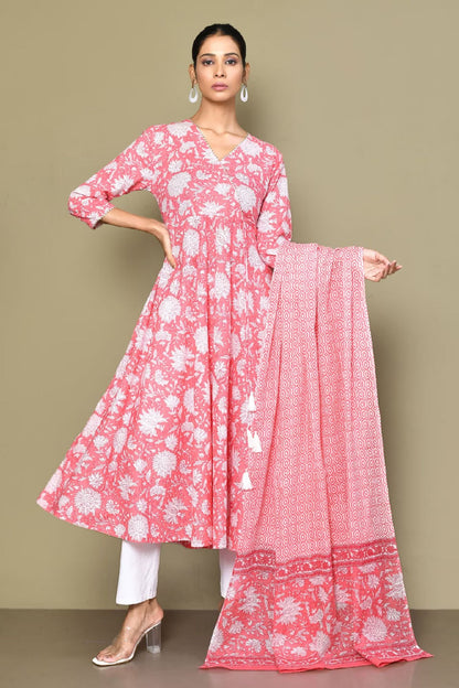 Women's Cotton Floral Print Anarkali Kurta With Dupatta