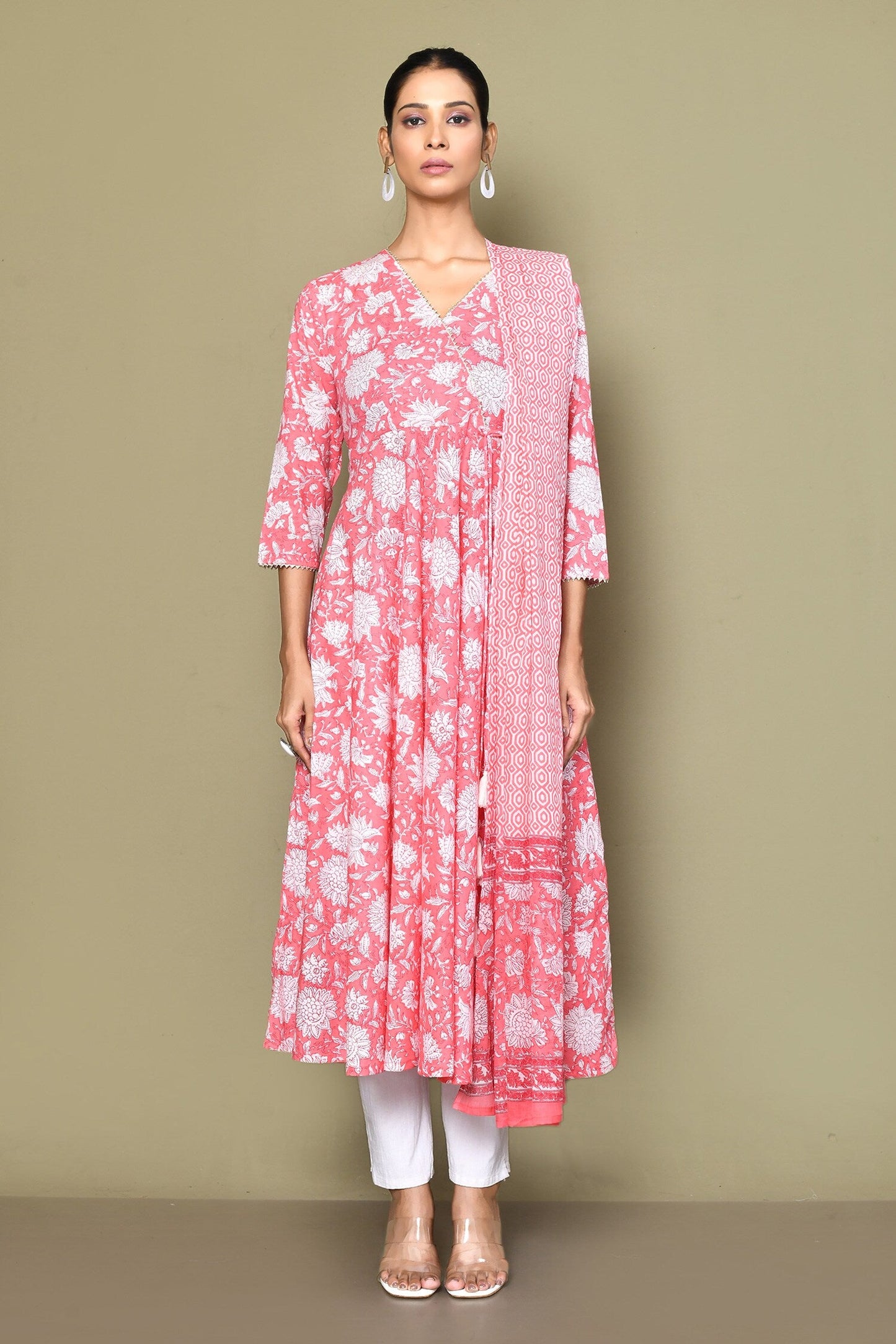 Women's Cotton Floral Print Anarkali Kurta With Dupatta