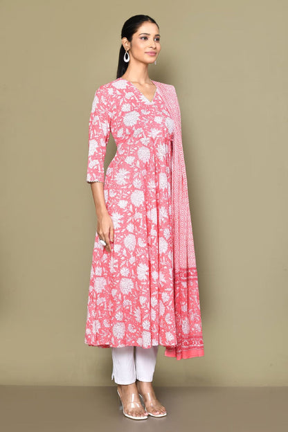 Women's Cotton Floral Print Anarkali Kurta With Dupatta