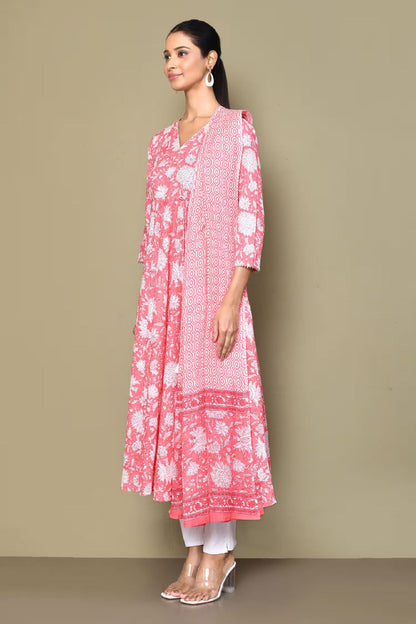 Women's Cotton Floral Print Anarkali Kurta With Dupatta