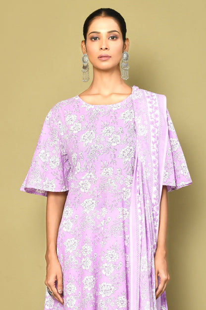 Women's Lavender Floral Flared Sleeves Anarkali Kurta With Dupatta