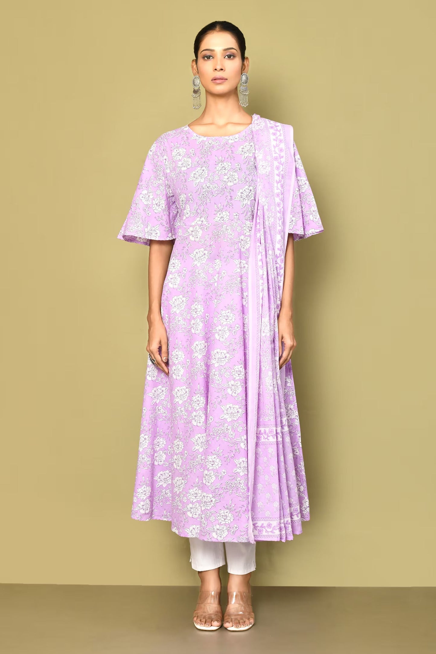 Women's Lavender Floral Flared Sleeves Anarkali Kurta With Dupatta