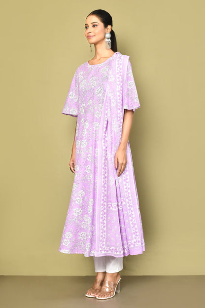 Women's Lavender Floral Flared Sleeves Anarkali Kurta With Dupatta