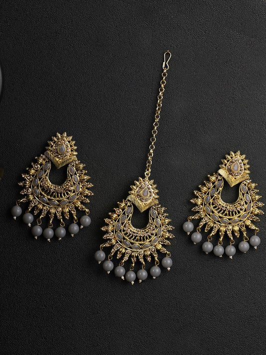 Women's Grey Stone MaangTikka Earring Set