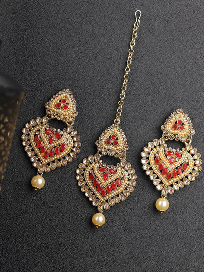 Women's Kundan Red Stone MaangTikka Earring Set