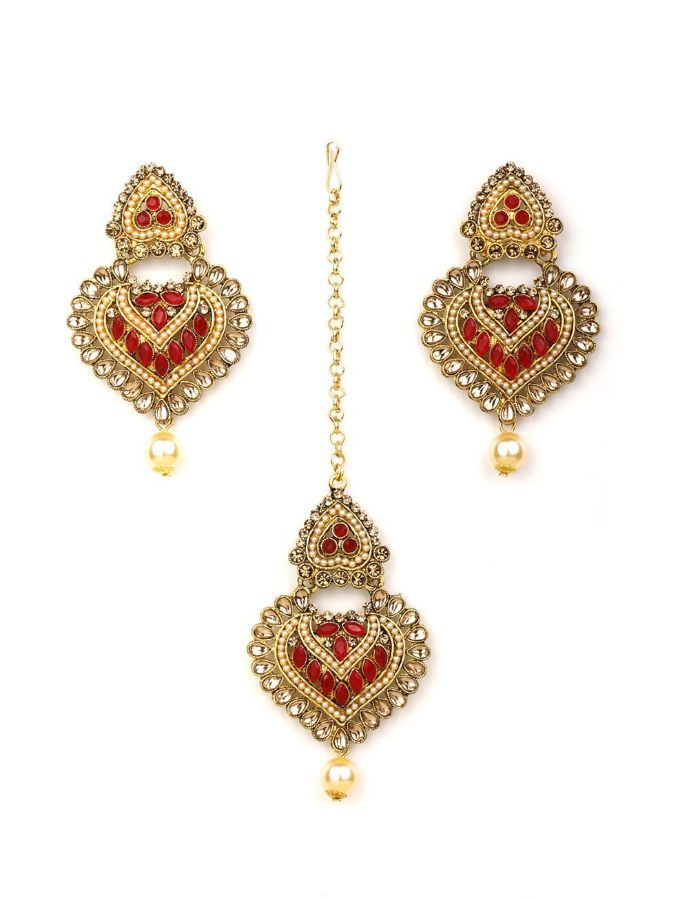 Women's Kundan Red Stone MaangTikka Earring Set