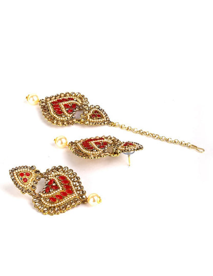 Women's Kundan Red Stone MaangTikka Earring Set