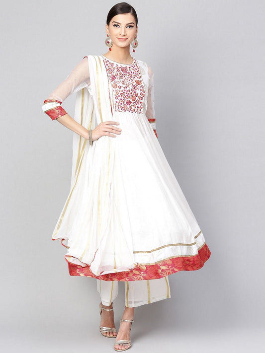 Women's Anarkali Embroidered Kurta With Palazzo And Dupatta