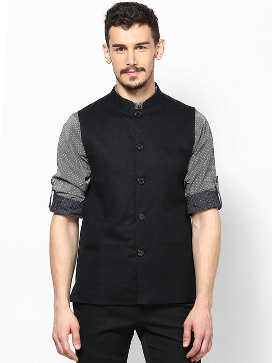 Men's Black Linen Blend Nehru Jacket