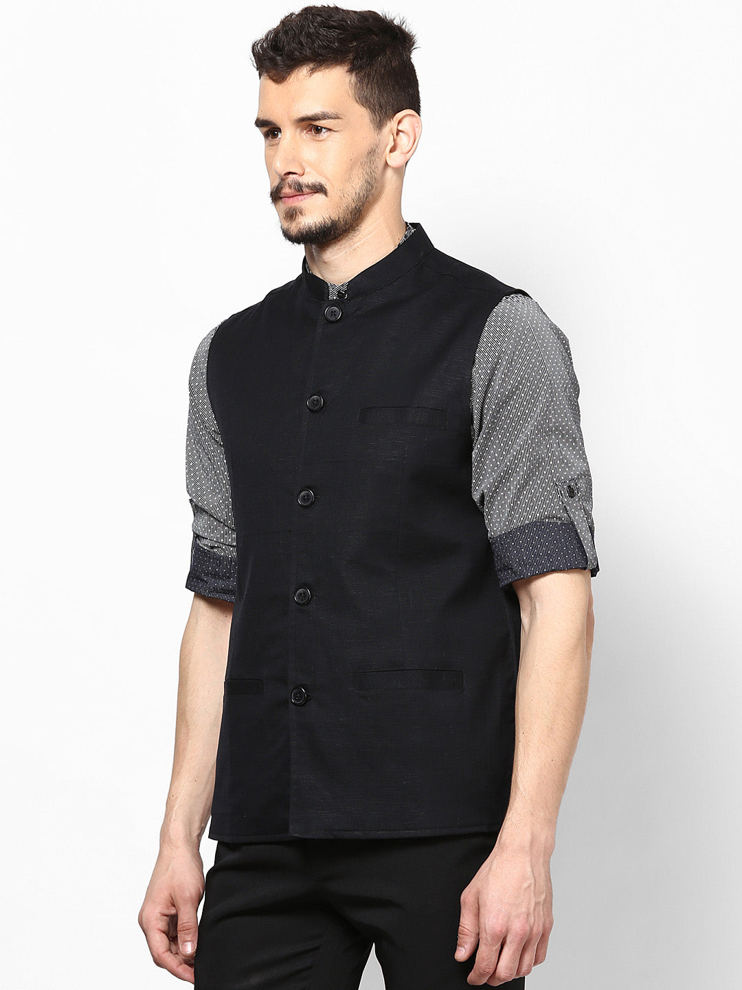 Men's Black Linen Blend Nehru Jacket