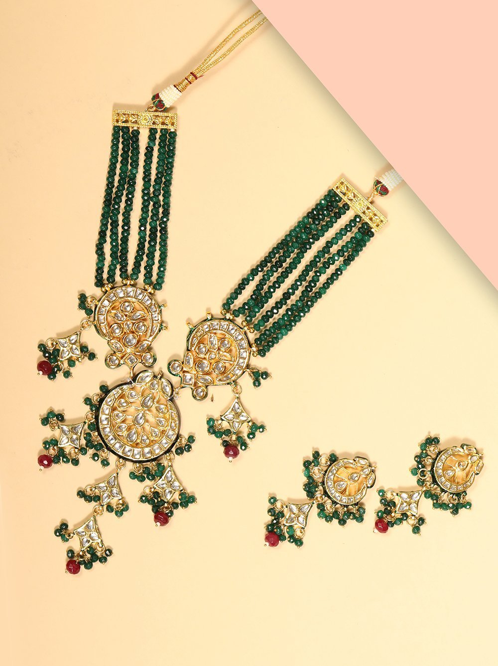 Women's Green & Red Beads Kundan Gold Plated Jewellery Set