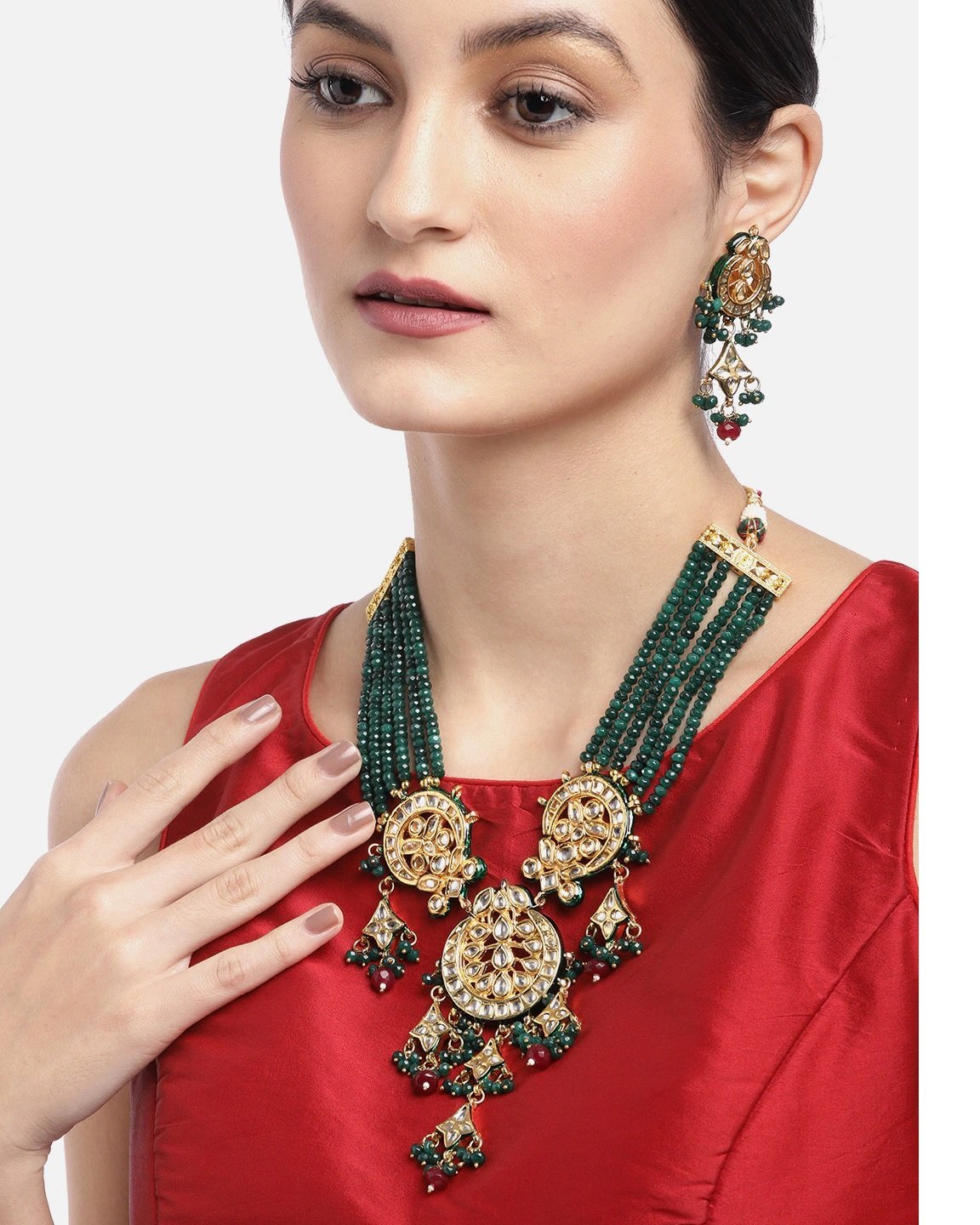 Women's Green & Red Beads Kundan Gold Plated Jewellery Set