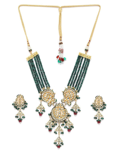 Women's Green & Red Beads Kundan Gold Plated Jewellery Set