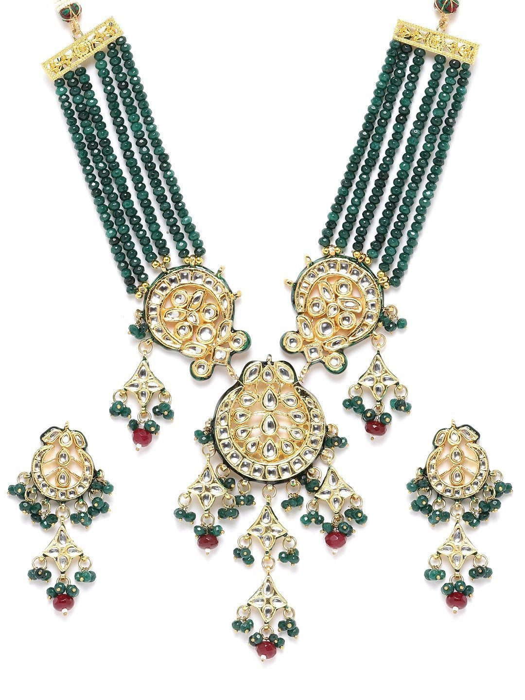 Women's Green & Red Beads Kundan Gold Plated Jewellery Set