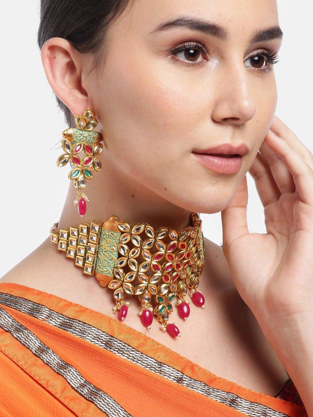 Women's Mint Green Kundan Ruby Gold Plated Meenakari Choker