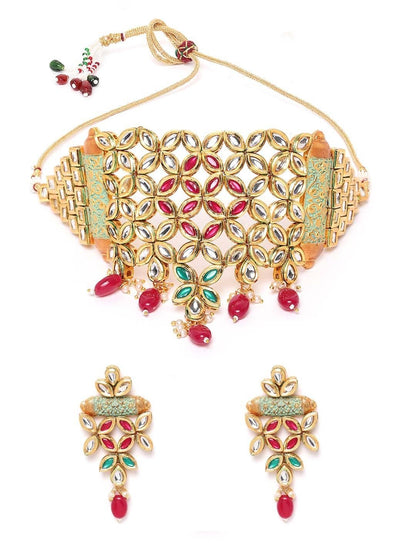 Women's Mint Green Kundan Ruby Gold Plated Meenakari Choker