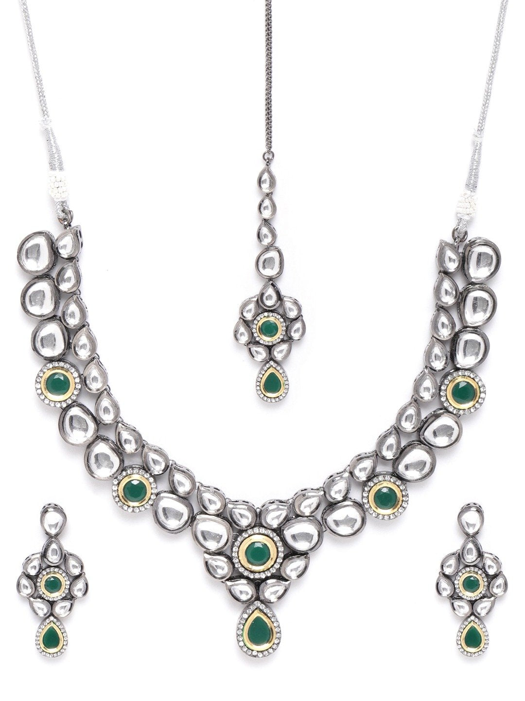 Women's  Black Kundan Emerald Stones Jewellery Set