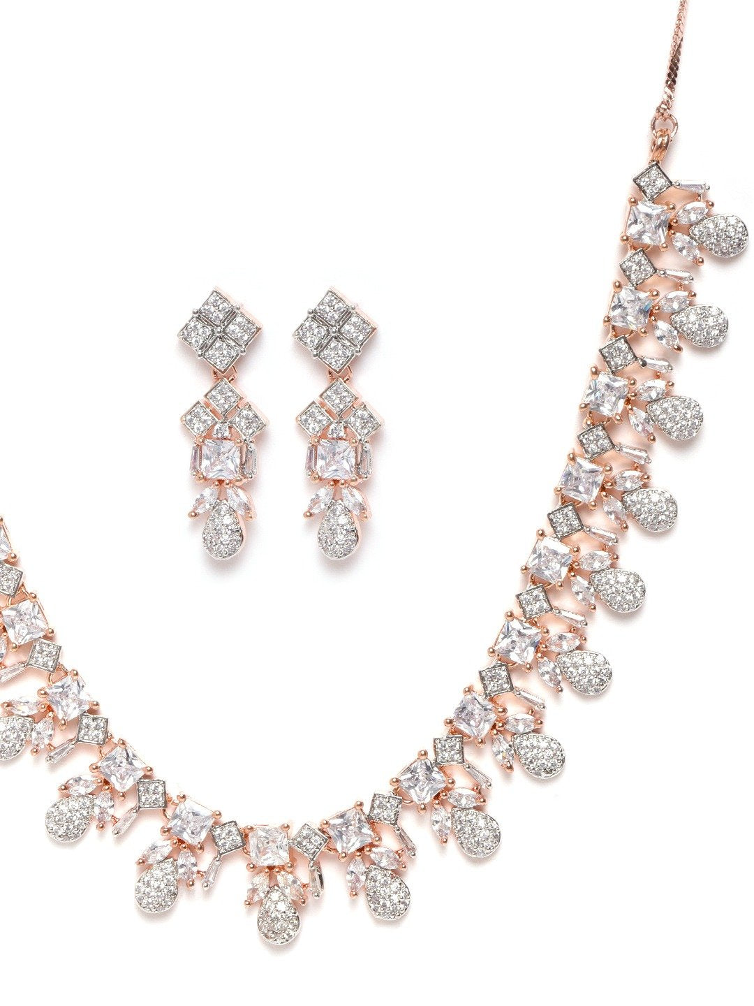 Women's  American Diamond Rose Gold Plated Leaf Jewellery Set