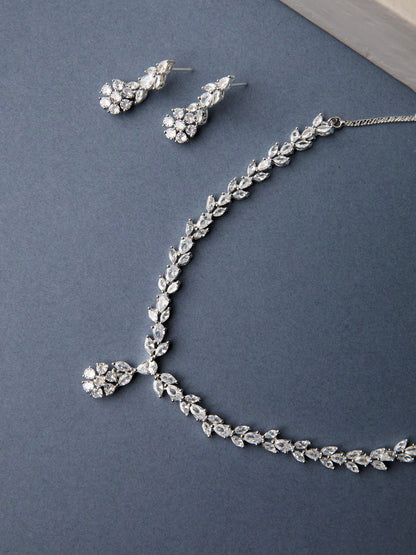 Women's  American Diamond Silver Plated Leaf Jewellery Set