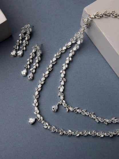 Women's  Eternal Moondust - American Diamond Silver Plated Leaf Layered Jewellery Set