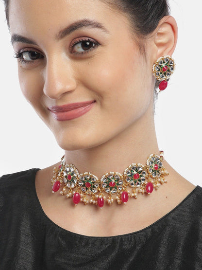 Women's Green Kundan Ruby Gold Plated Beaded Choker